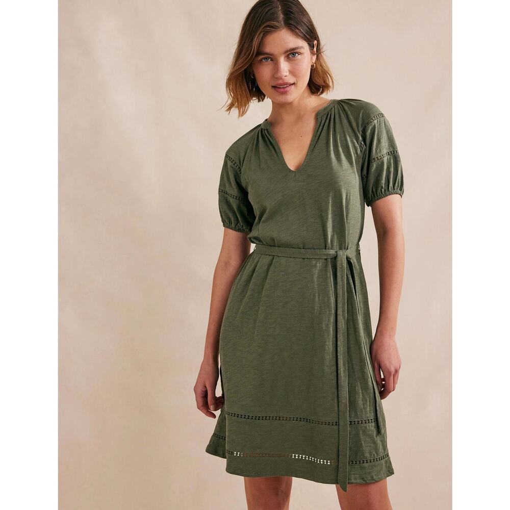 New Boden Jersey Dress Green Self-Tie Eyelet V-Neck Pullover Short Sleeve Sz 12